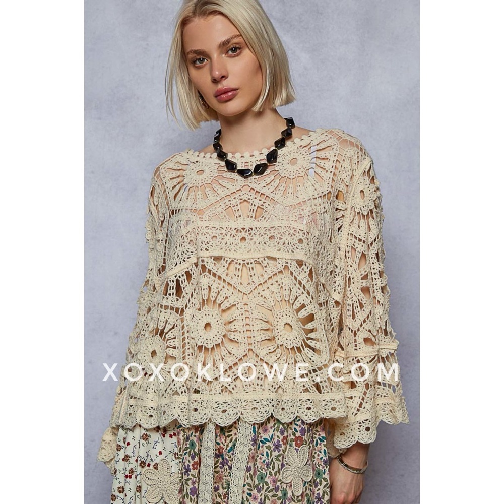 POL Cream Crochet Top | Boho Bell Sleeve Knit | Festival Cottagecore Vibe - Picture 5 of 8